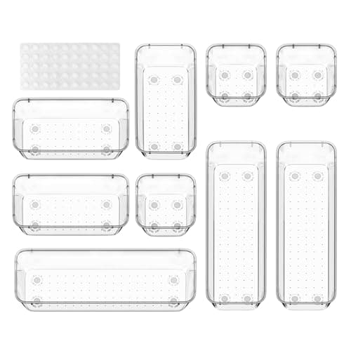 ValueMax 9 PCS Clear Plastic Drawer Organizers Set with NonSlip Pads 3 Sizes Desk Drawer Organizer for Vanity Kitchen Bathroom and Office