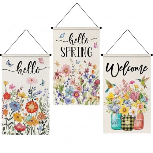 Tegeme 3 Pcs Hello Spring Door Sign Flag Spring Flower Door Banner Holiday Welcome Flag Wall Hanging Decoration for Party Holiday Outdoor Indoor Home