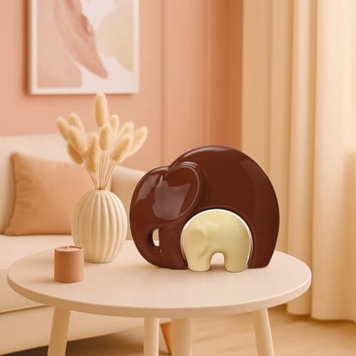 SRJANA Home Décor Lucky Charm Elephant Mother & Child | Piano Finish Ceramic Figures - (Set of 2 Piece, Brown and Cream)