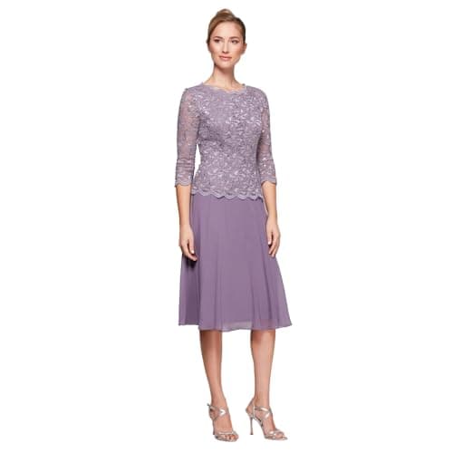 Alex Evenings Women's Tea Length Embroidered Bodice Mother of The Bride Gown, Wedding Guest Dress, ICY Orchid, 12