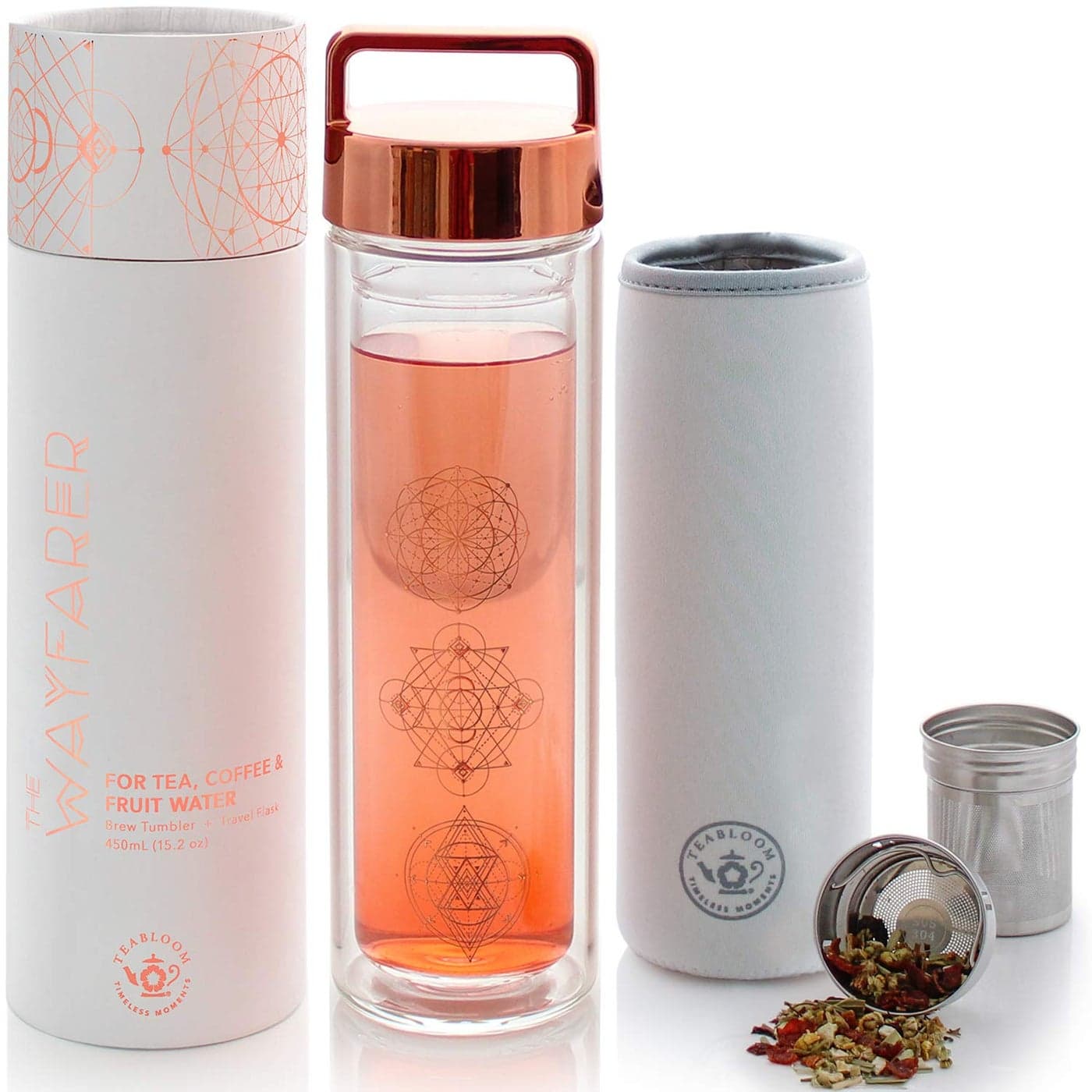 Teabloom AllPurpose Beverage Tumbler 15 oz 450 ml Insulated Glass Bottle Tea Coffee Fruit Infused Water AllTemperature Travel Mug Stainless Steel Infuser Basket The Wayfarer Tumbler