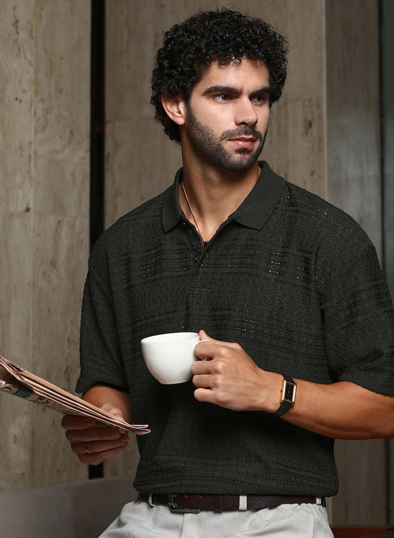 Men's Midnight Black Bohomian Oversized Polo T-Shirt