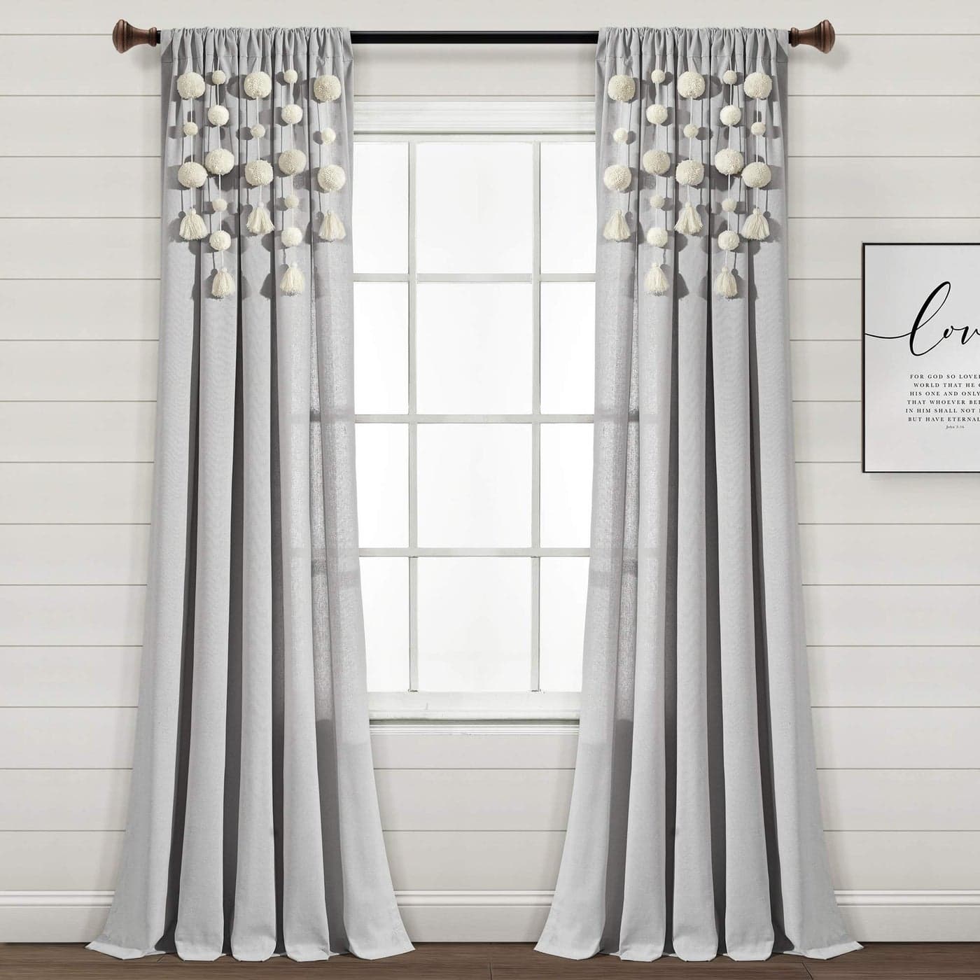 Lush Decor Boho Pom Pom Tassel Linen Window Curtain Panel Single Panel 95 Long x 52 Wide Light Gray
