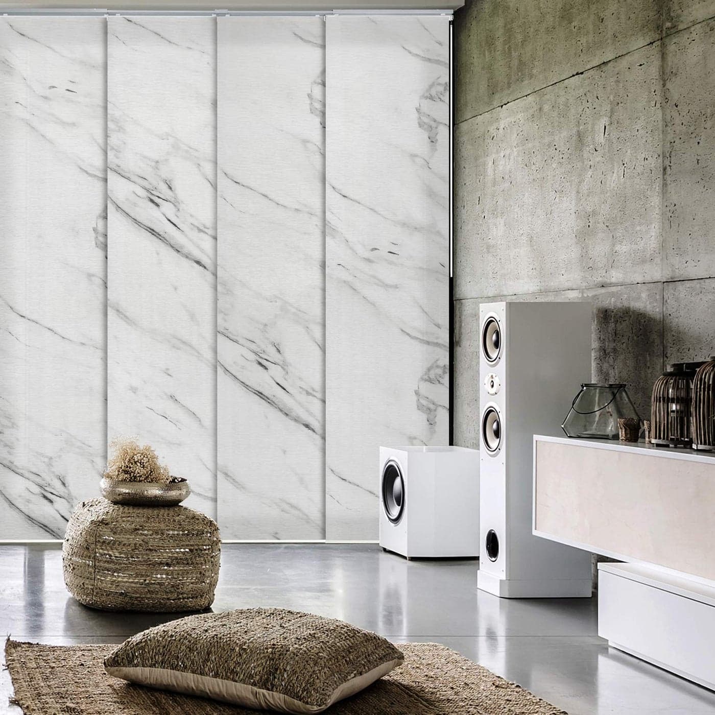 GoDear Design Deluxe Adjustable Sliding Panel Track Blind 458 86 W x 96 H Extendable 4Rail Track Blind for Patio Door Trimmable Pleated Natural Woven Fabric Marble Printed Pattern Statuario