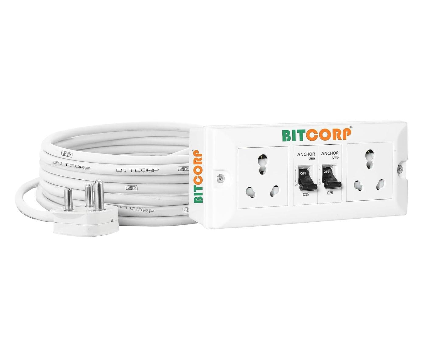 Bitcorp Extension Cord 4000W 16A 20A 25A Spike Guard Thermal Protection 2 Way Multi Outlet 3 Pin 2 Mcb Power Cord with 3 Meter Long Wire Cable Suitable for Small and Heavy Duty Appliance