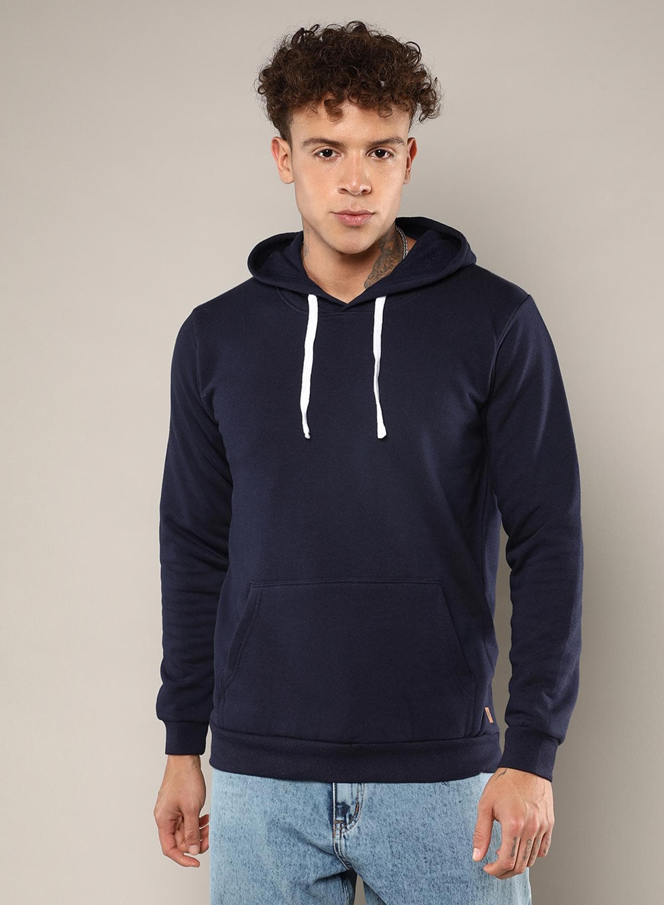 Men's Navy Blue Pullover Hoodie With Contrast Drawstring