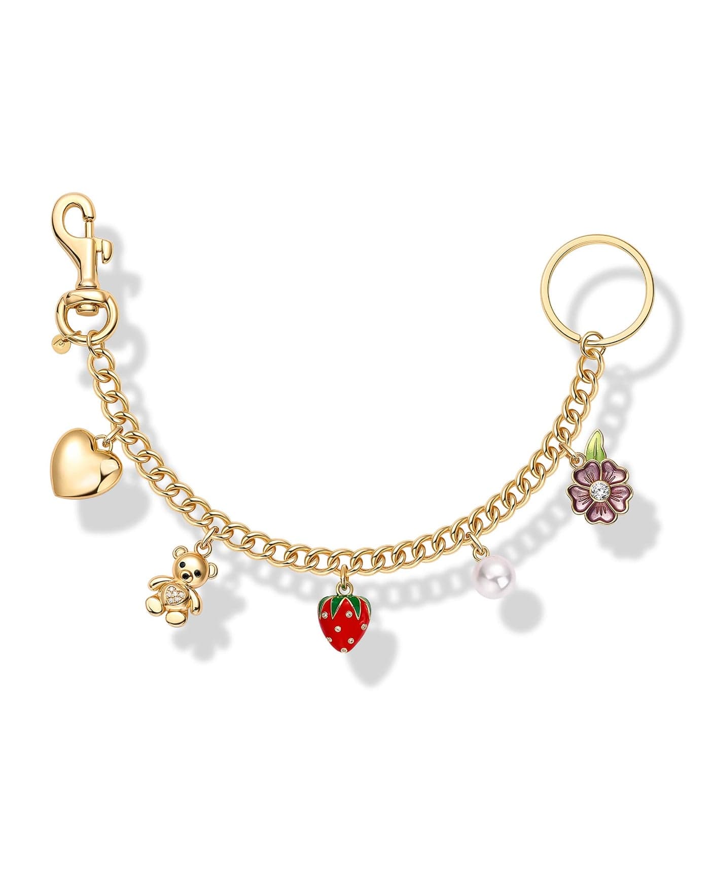 PAVOI 14K Yellow Gold Plated Chain Bag Charm for Handbags | Removable Motif Charms with Trendy Valentines Day Heart, Pearl & Strawberry Pendant Keychain for Women | Cute Purse Accessories & Key Chain