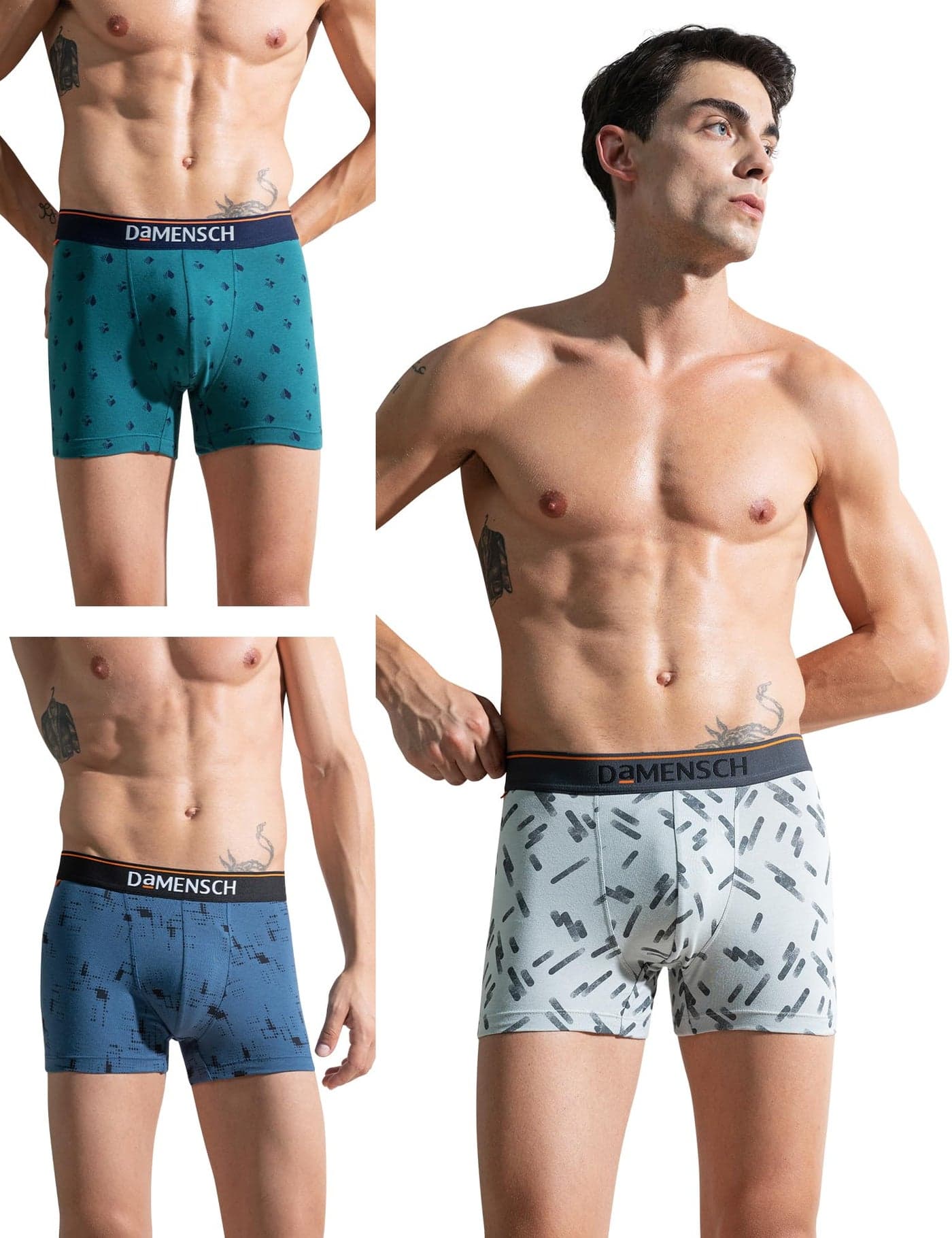 DaMENSCH Men's Regular Fit Cotton Pack of 3 Basic Printed Trunk|underwear for men, Combed Cotton, Stretchy Fabric, Anti-Bacterial and Microfibre Waistband, mens underwear-CHECK & MATE TEAL,NAVY PIXELS,STROKE GRAY-S