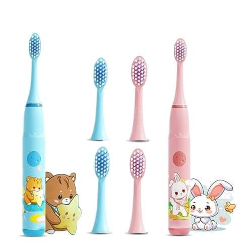 US1984 Sonic Electric Toothbrush for Kids with 4 Modes, 3 Brush Heads & Rechargeable Battery, Ultra Soft Nylon Bristles, IPX7 Waterproof, Electric Power Tooth brush (Blue & Pink)