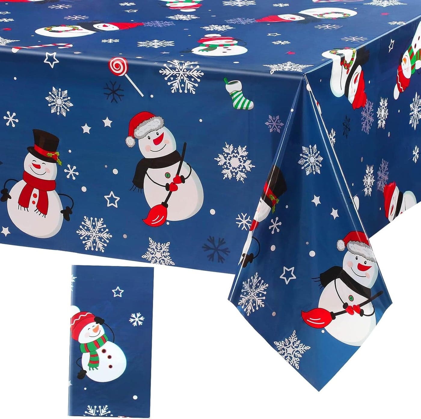 Irenare 1 Pieces Snowman Christmas Party Tablecloth Decorations Plastic Snowflakes Table Cover Winter Snowman Christmas Tablecloth for Xmas Holiday Birthday Party Decor 54 x 108 Inch Blue