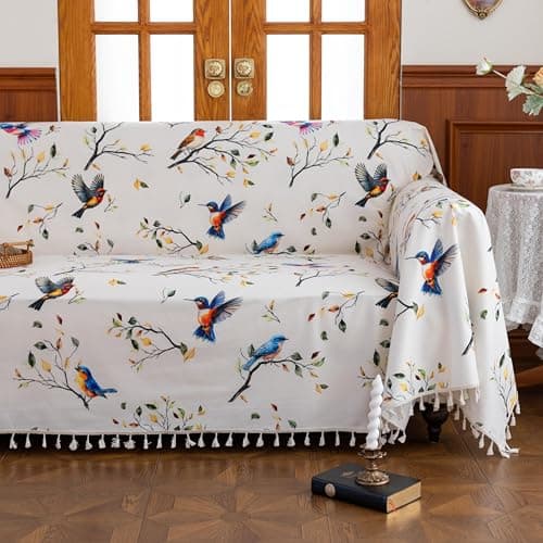 Erbnaryx Boho Couch Cover with Tassels, Washable 3-Seater Sectional Sofa Cover for Living Room (Birds, 71"x150")