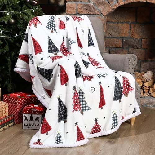WovWeave Christmas Sherpa Throw Christmas Tree Fleece Blanket 50 x 60 Inch Winter Xmas Plaid Tree Reversible Microfiber Blanket Holiday Decorative Soft Ultra Blankets for Gift Couch Bed Red
