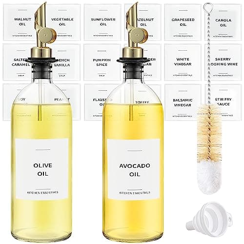 Spaceneat Olive Oil Dispenser Bottle - Includes 55 Kitchen Essential Labels - Cooking Oil Bottles for Kitchen, Coffee Syrup Dispenser - Pourer Spout with 16.9 fl oz Glass Container Cruet - 2pcs, Gold