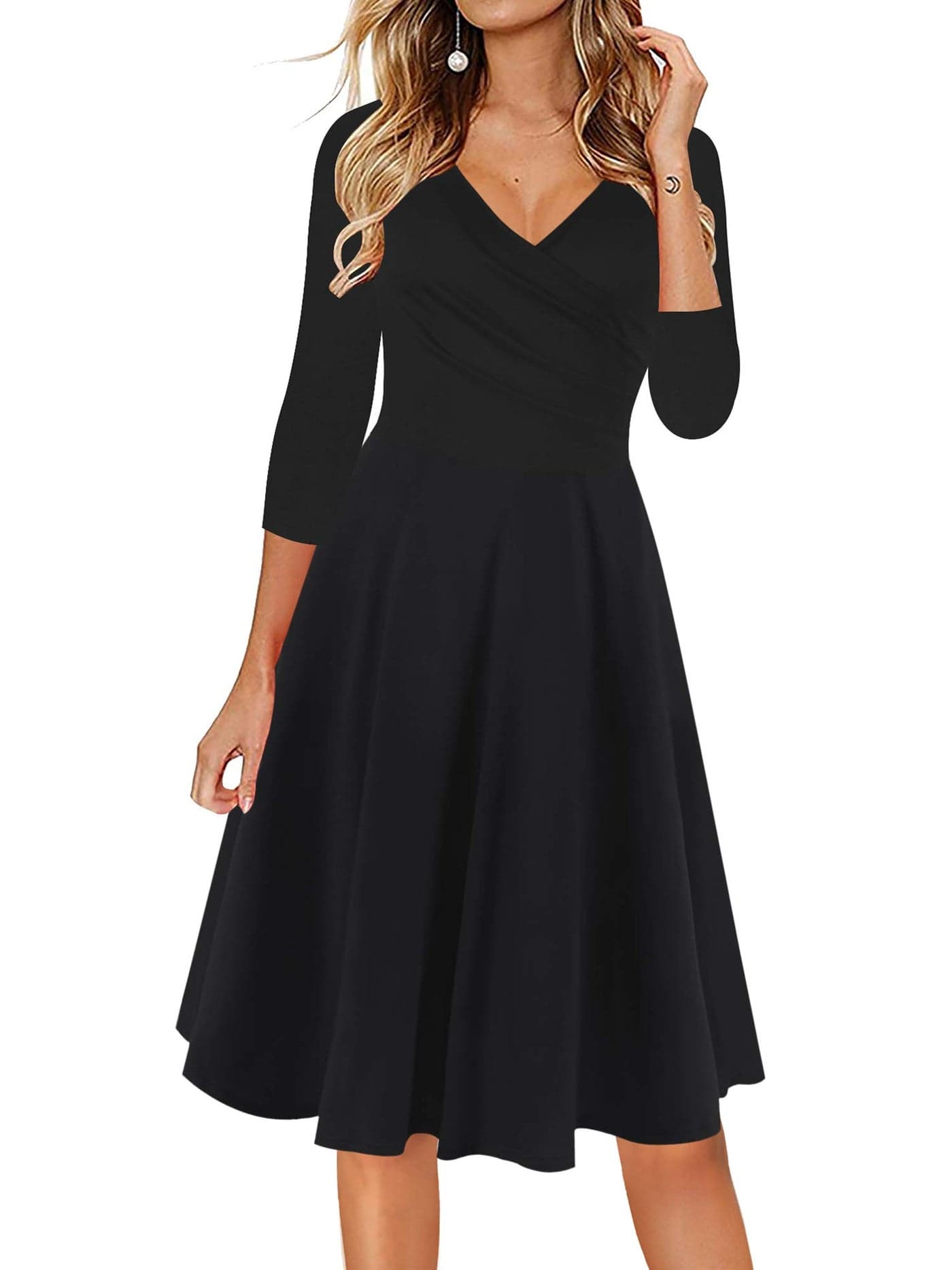 oxiuly Womens VNeck Casual Work Aline Dress CrissCross Solid Cotton Party Cocktail Tea Midi Dresses OX233 L Black Solid7