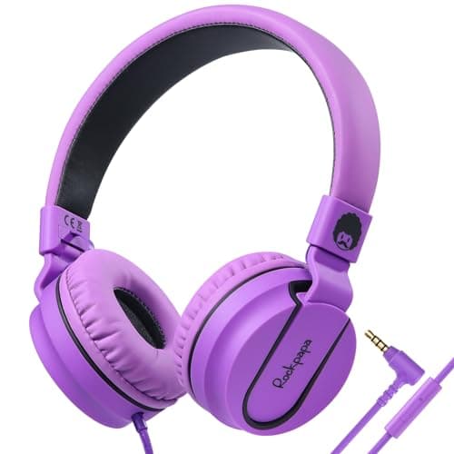 rockpapa 950 Wired Headphones for Kids Girls Boys for School Classroom with Microphone, On-Ear Foldable Corded Headphones with Jack 3.5mm for Laptop Computer Tablet Chromebooks Black Purple