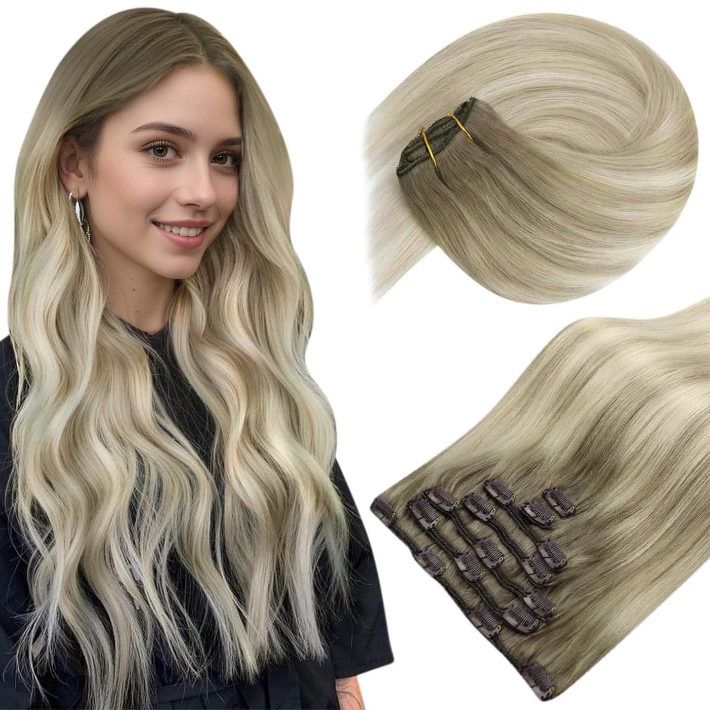 Sunny Ombre Clip in Hair Extensions Real Human Hair Clip in Remy Hair Extensions Ash Blonde Ombre Sunkissed Blonde Remy Clip in Human Hair Extensions Double Weft 120g 7pcs 18inch