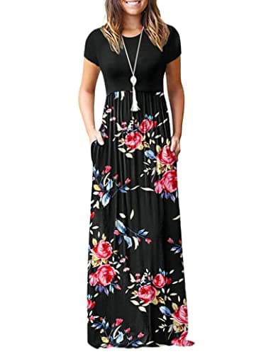 MISFAY Women Short Sleeve Loose Plain Maxi Dresses Casual Long Dresses Pockets (Rose Black, L)