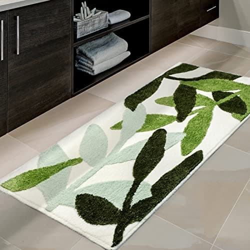 UNIBATH Leaf Bathroom Runner Rugs Long Bath Rug Green Extra Large Bath Runner Rugs for Bathroom Non Slip Microfiber Absorbent Washable Area Rugs,48"x24"
