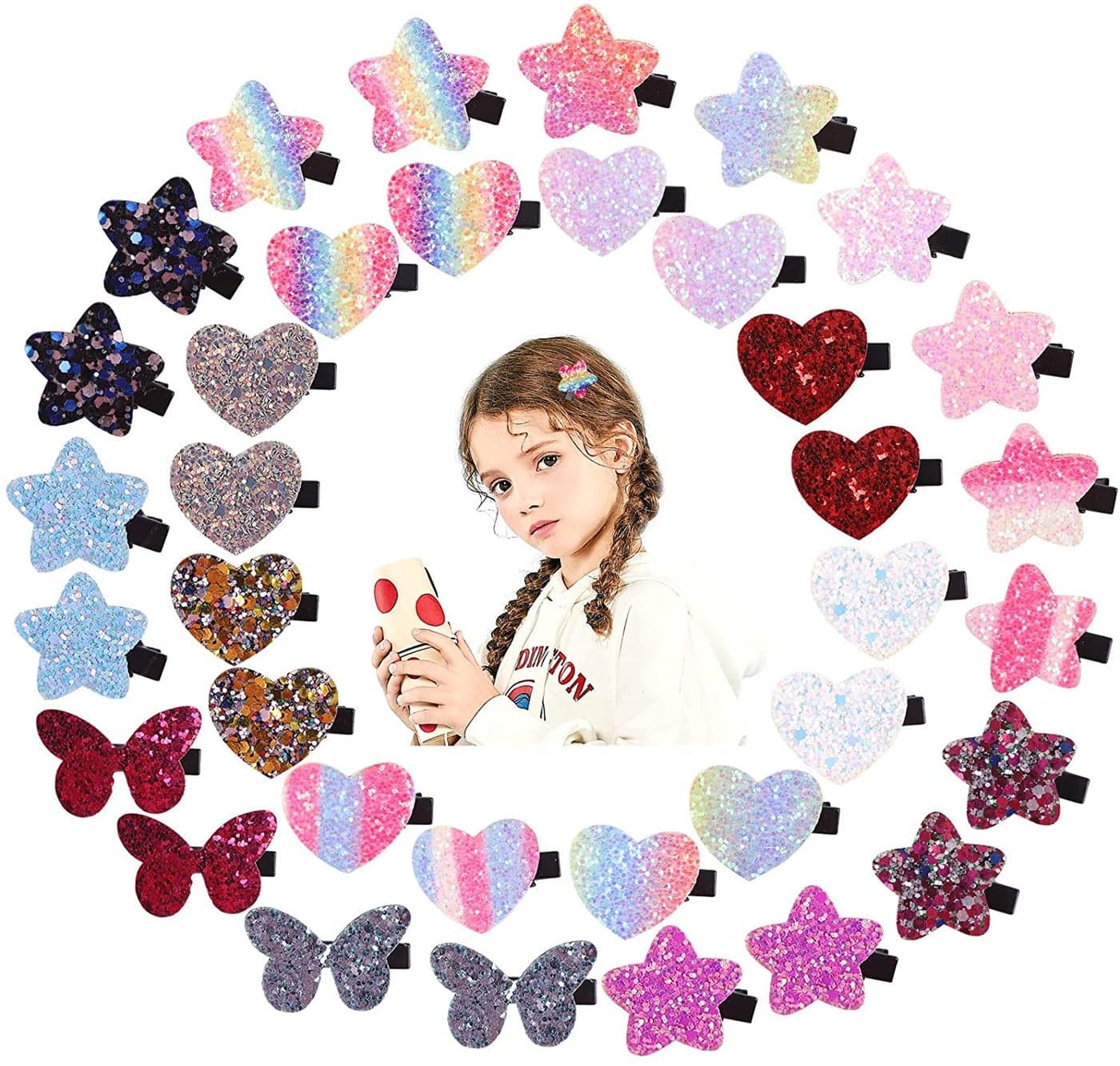 Fishdown Sparkle Sequins Hair Accessories for Girls 36 Pcs Star Heart Butterfly Hair Clips Barrettes and Alligator Clips for Toddlers