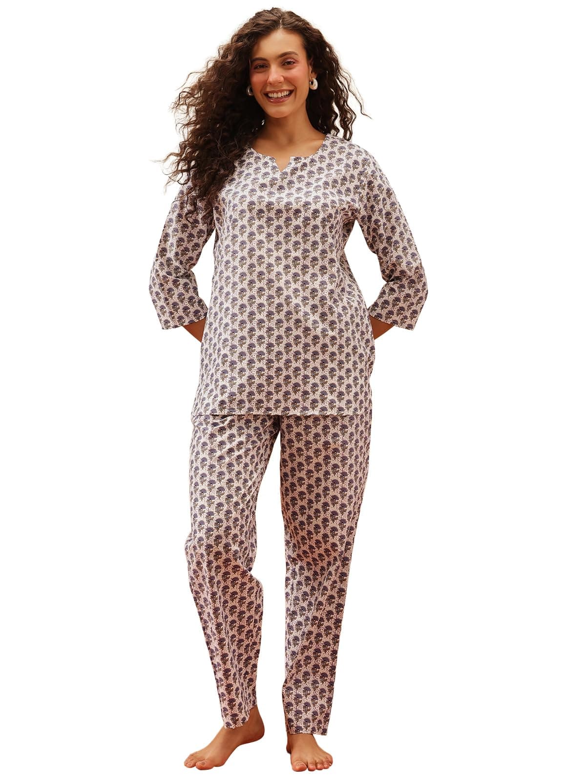 Clovia Women's Cotton Pretty Florals Top & Pyjama (LS0514P08_Blue & White_L)