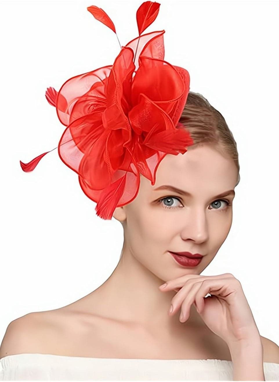 Fascinators Hat Tea Party Headwear Ribbons Feathers with a Headband and a Hair Clip, Women Elegant Hat Tea Party Royal Banquet Hats Hair Clip for Girls and Women, Red