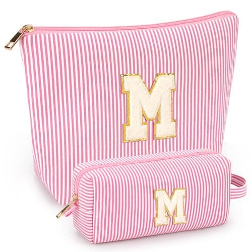 mibasies 2 PCS Initial Makeup Bags: Mothers Day Gifts for Women - Best Friend Birthday Gifts Graduation Gifts Wedding Bridesmaid Girlfriend Wife Daughter Sister Girl Gifts - Pink M