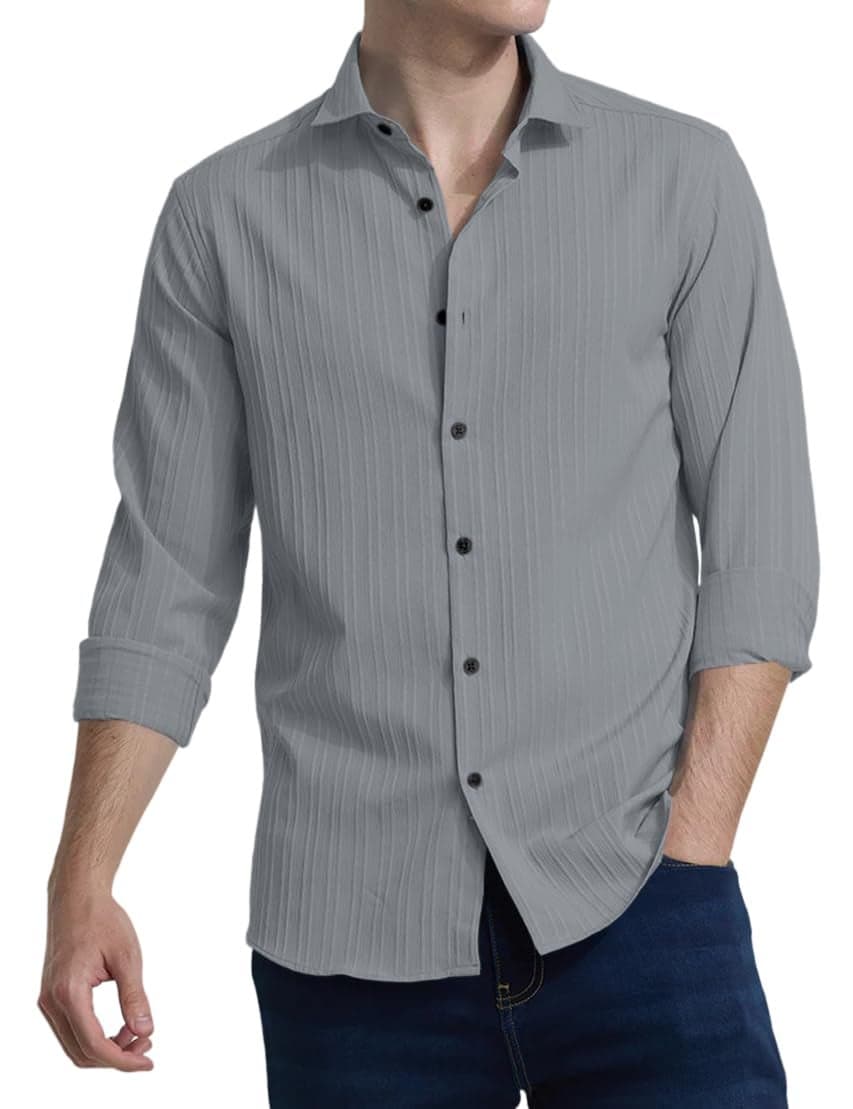 FINIVO FASHION Men's Casual Cotton Plain Button Down Shirts Full Sleeve Textured Summer Beach Shirt for Men Grey