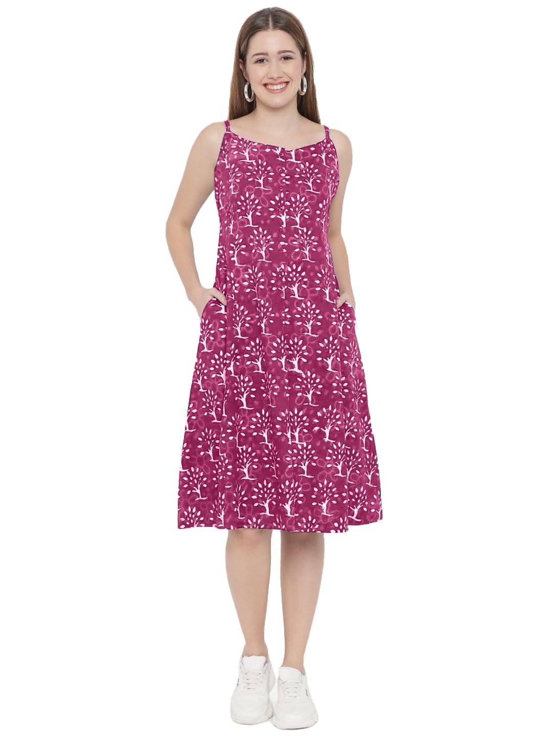 Indietoga Women's Printed Sustainable Pure Cotton Midi Dress (10001556_Pink Handblock_M)