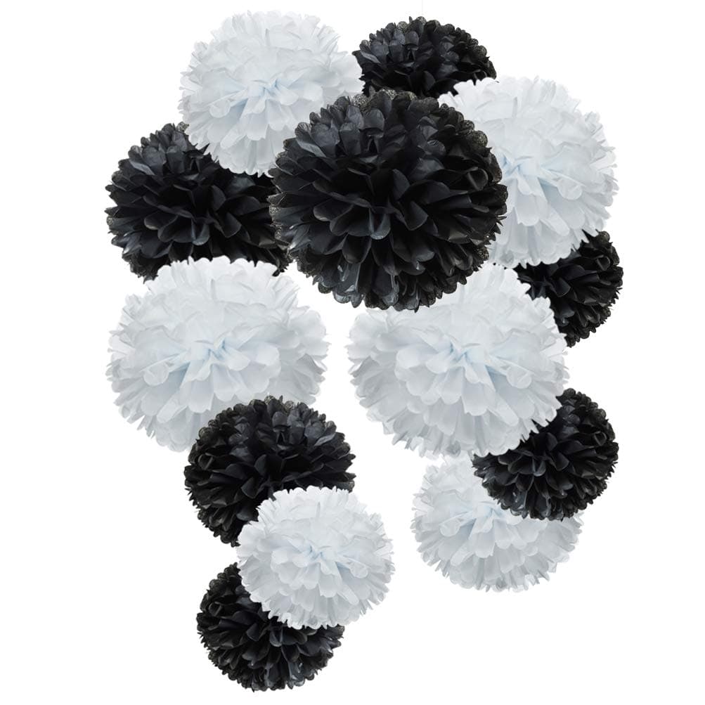 Black and White Paper Flower Tissue Pom Poms Party Supplies blackwhite12pc