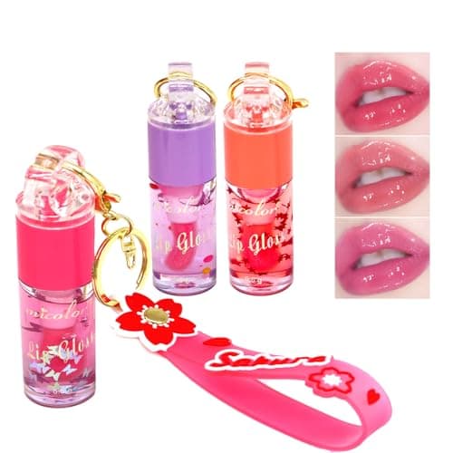 DENESTUP 3 Colors Hydrating Lip Gloss Set Glossy Shimmer High Shine Glass Finish Lipgloss Natural Moisturizing Lip MakeUp for Women Party Gift Sakura Keychain Design
