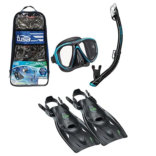 TUSA Sport Adult Powerview Mask, Dry Snorkel, and Fins Travel Set, Large, Black/Ocean Green, UP-2521B-BKOG-L