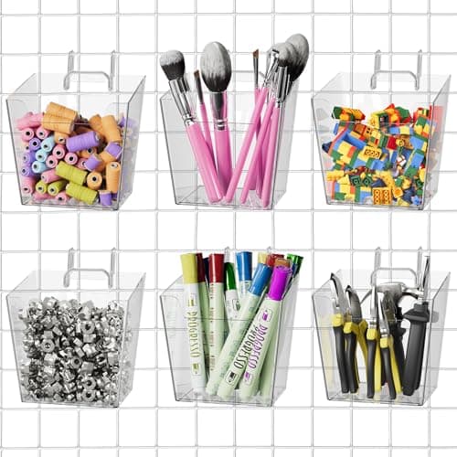 G.CORE Large Grid Wall Bins - 6Pack Clear Gridwall Accessories Hanging Cups with Back Hooks - Plastic Grid Wall Panels Organizers Wire Shelves Holders for Garage Garden Craft Office Tools Storage