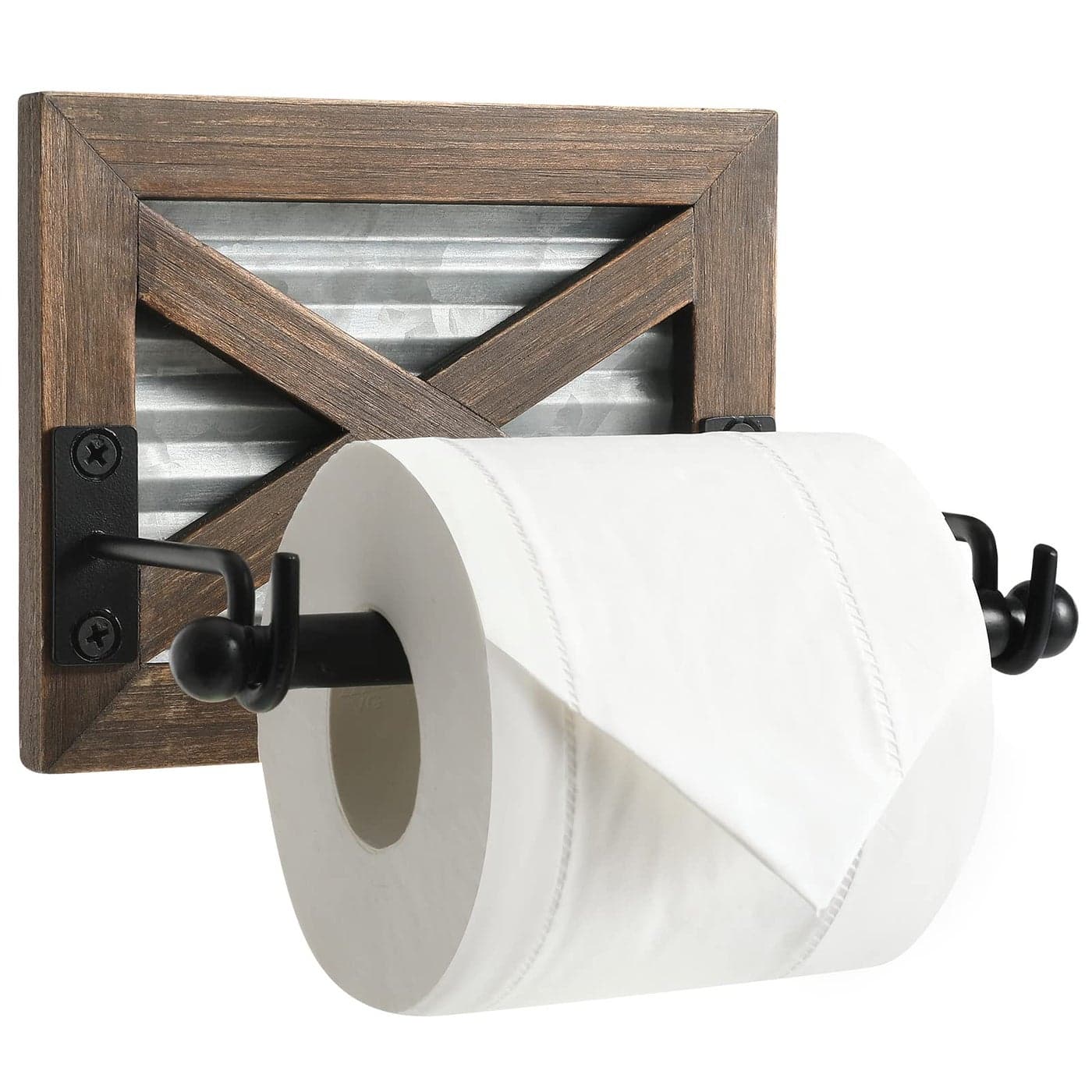 Farmhouse Toilet Paper Holder with Galvanized Metal Black Metal Rustic Warm Brown Wood Wall Mount Toilet Roll Holder for Bathroom Decor