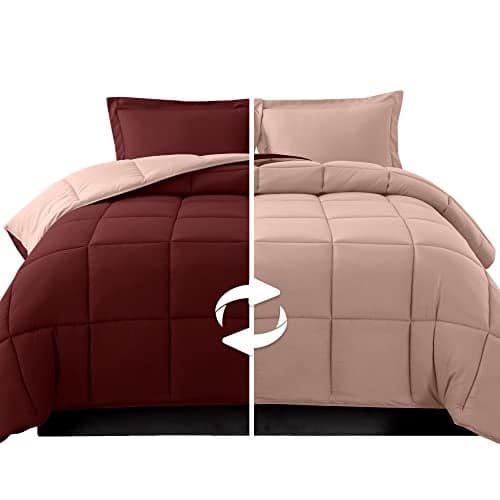 Elegant Comfort 3-Piece Reversible Comforter Set, All Season Cozy, Soft Down Alternative, Quilted - Box Stitched - Duvet Insert with 4 Corner Tabs, Comforter with Shams, Queen, Burgundy/Dusty Rose