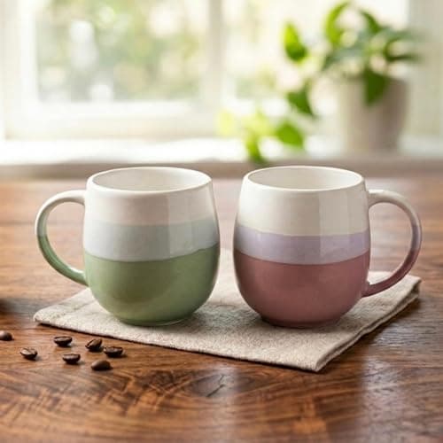 U & U UNIQUE UTILITIES Large Ceramic Coffee Mugs Set of 2 (450 ML Each) | Milk Mug | Microwave & Dishwasher Safe | Coffee Cups | Ideal for Home, Office & Gift (Purple - Olive Green)