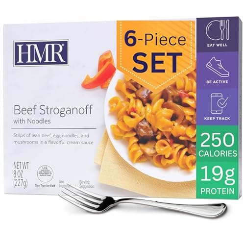 HMR Beef Stroganoff with Noodles Entrée | Pre-packaged Lunch or Dinner | Ready to Eat | 19g of Protein | Low Calorie Food | 8oz Serving per Meal | Pack of 6