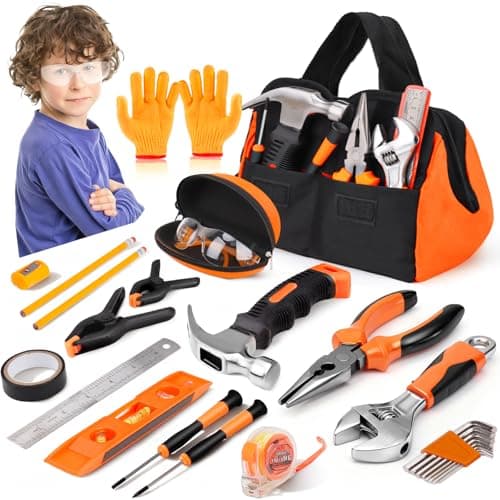 27Piece Orange Kids Tool Set with Tool Storage Bag Real Hand Tool Kit for Boys Girls Child Learning Tools for Building Woodworking and Construction 6 Years Old Birthday Boy Easter Basket Gift