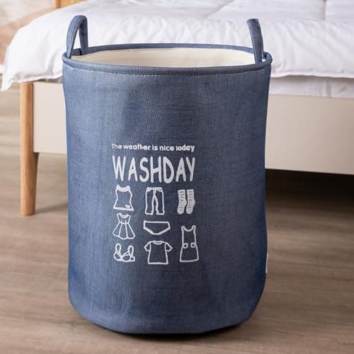 HOKIPO ® Cotton, Linen Folding Laundry Basket for Clothes, Round Collapsible Storage Basket - 43 Ltr, Blue (AR2650), 35cm, 35cm