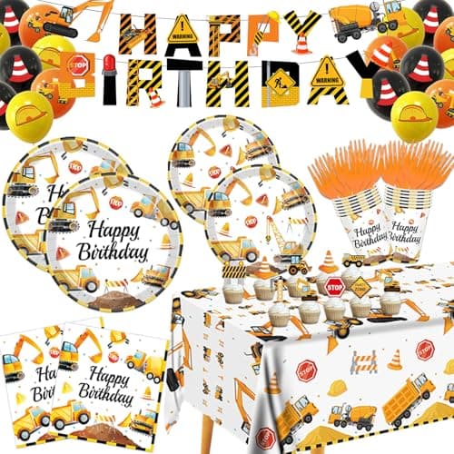 Construction Birthday Party Supplies for 24 Guests Decorations Include Plates Napkins Cups Tablecloth Cake Toppers for Boys Construction Theme Birthday Party
