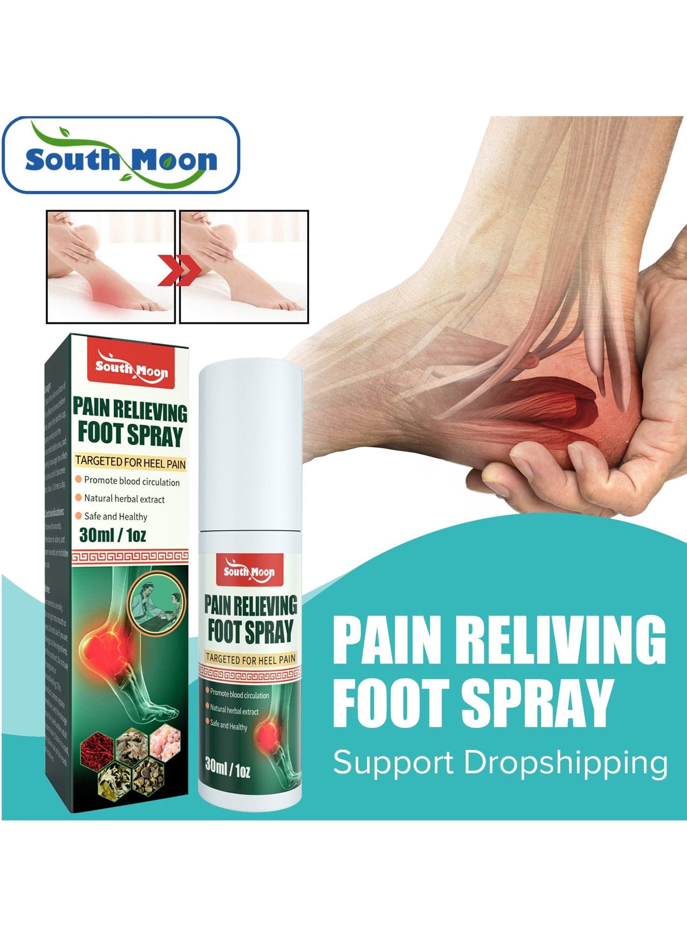 Heel Pain Soothe Spray Relieve Foot Fatigue Toe Bunion Ankle Sprain Achilles Tendonitis Fasciitis Herbal Bone Spurs Spray