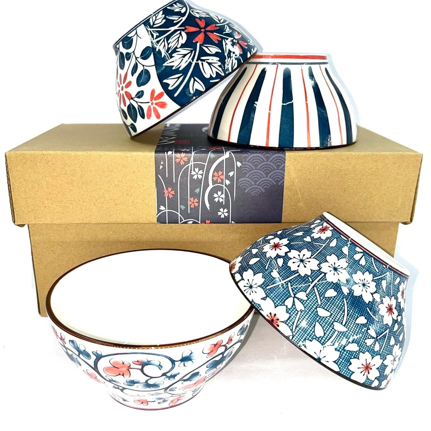 VELINEX Porcelain Bowls Set Cereal Bowls for Salad Rice Pasta or Soup Large Capacity Microwavable Ceramic Bowls Heat and Cold Resistant Gift Box Packed Pack of 4