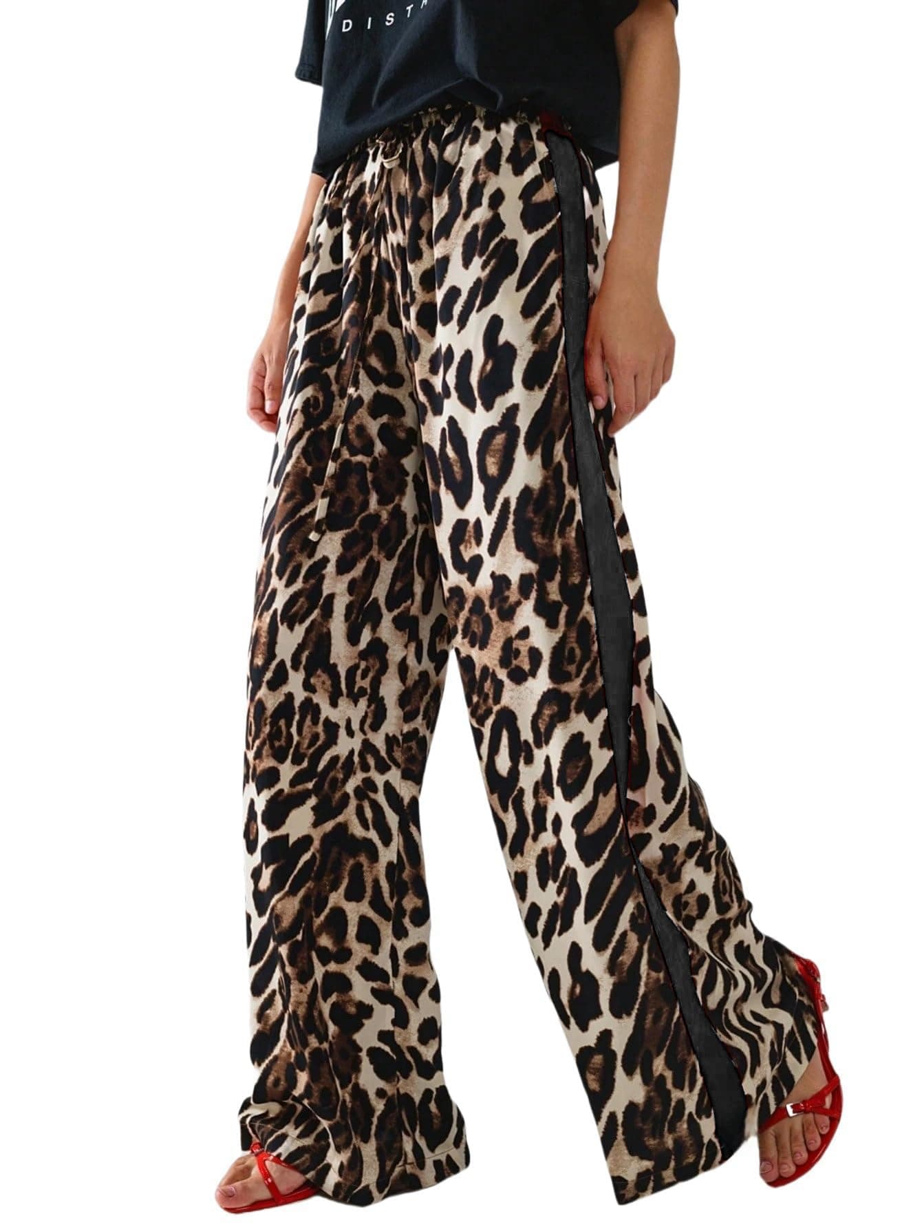 Charfille Women's Casual Pants Drawstring Leopard Print Color Block Side Striped Straight Leg Wide Leg Loose Pants (2-Brown Leopard Black, XS)