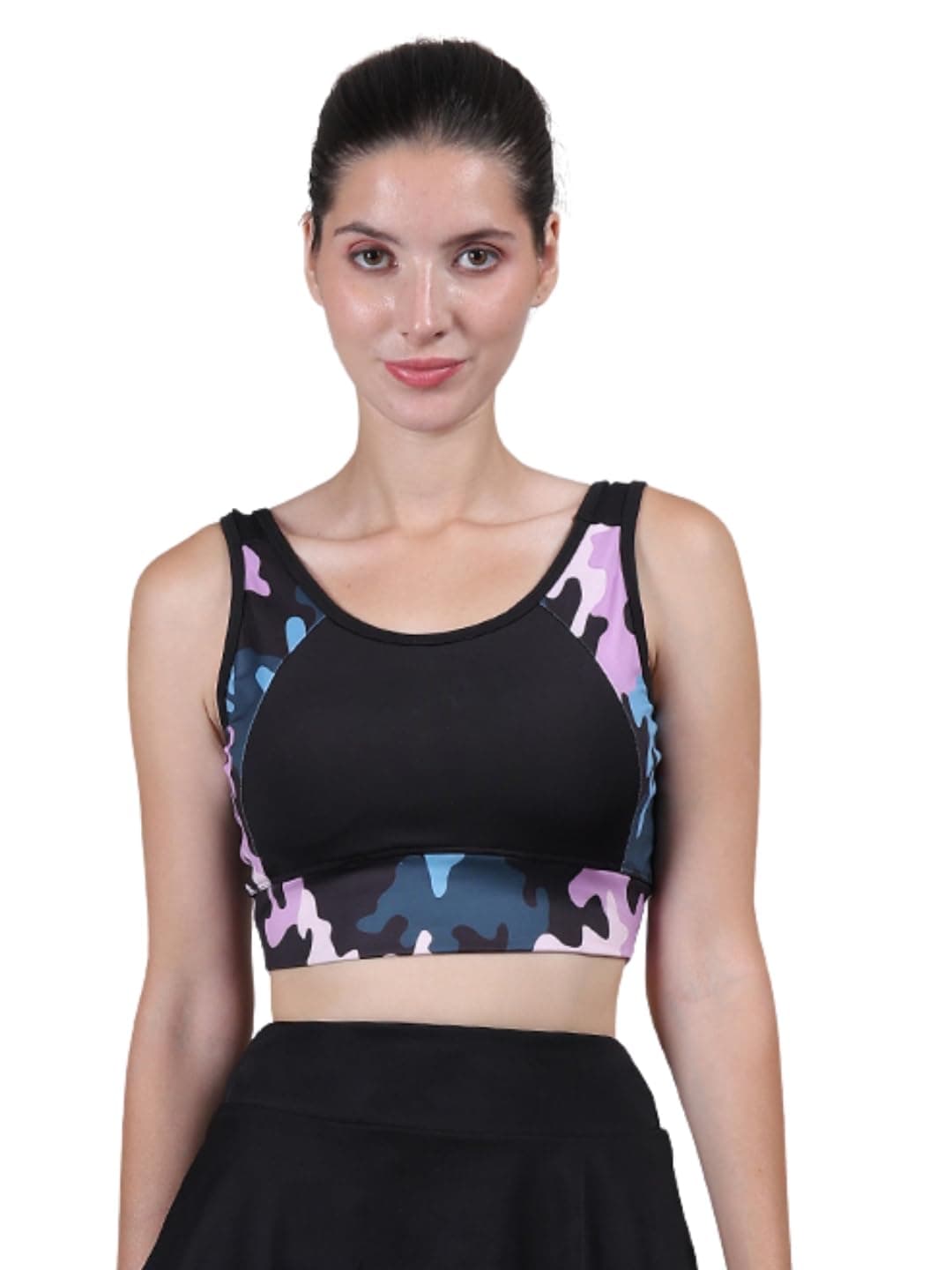 MEGASKA Women Swim Bra Bikini Top Quick Dry Camouflage Print Removable Padded Workout Sports Bathing Suit Swimwear Tops_PurpleCamoBlack_XL