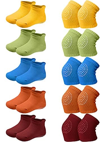 Syhood 10 Pairs Baby Crawling Anti-Slip Knee Pads and Anti-Slip Baby Socks Set Unisex Toddler Knee Protectors Non Slip Ankle Socks (Bright Colors)