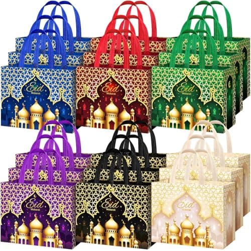Yoojahow 18 Pcs Eid Mubarak Gift Bags with Handles 126 x 98 x 67 Inch Large Reusable Ramadan Tote Bags Eid Mubarak NonWoven Treat Goodie for Gifts Wrapping Shopping Ramadan Party Supplies