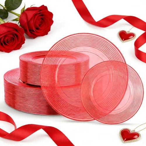 FLOWERCAT 100PCS Clear Red Plastic Plates Disposable Plates for Party - Heavy Duty Plastic Plates - 10" &7" Plate for 50 Guests Parties&Wedding& Valentine's Day Events