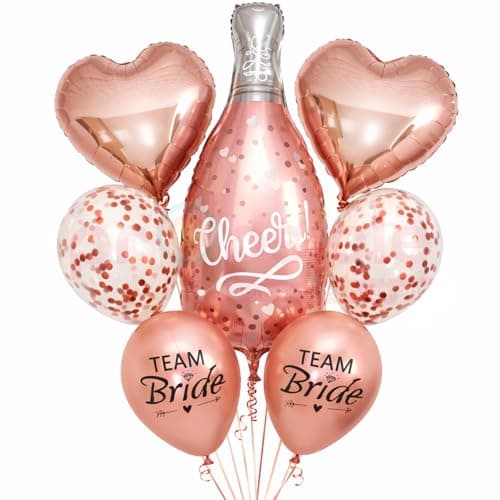Propsicle 36 Inch Rose Gold Cheers Champagne Foil Balloon with Team Bride, Confetti & Heart Foil Balloons - Bachelorette Party, Bride To Be, Haldi Mehendi Shaadi Decoration Set – Pack of 7