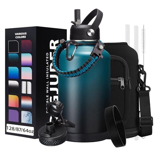 Halfgallon Insulated WaterBottle with Straw Stainless Steel Thermo Jug with Spout Straws Lids Paracord Handle Bottle Sleeve 64OZ Vacuum Thermo Water Bottle for Camping Trip