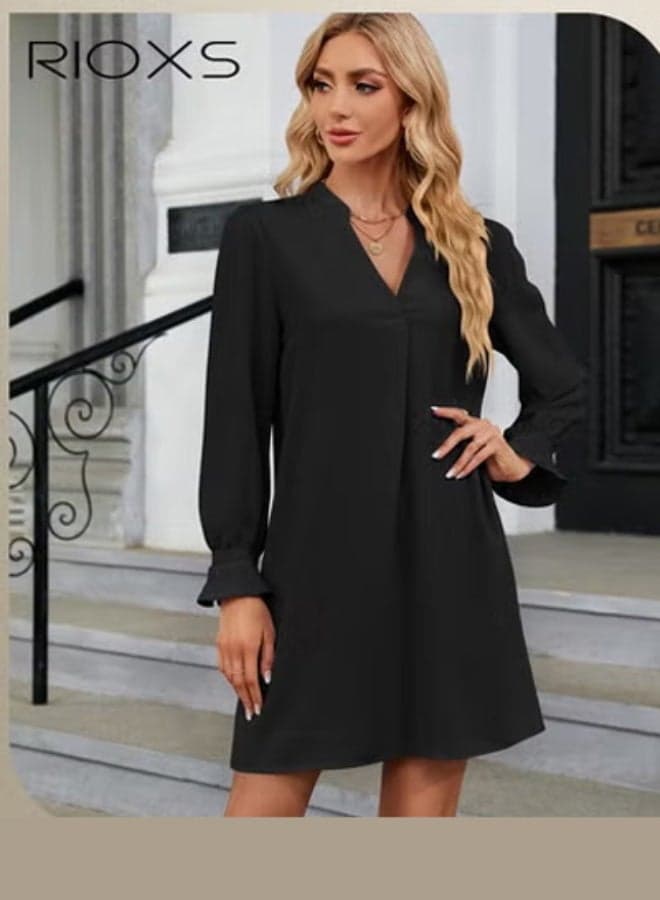 Women's V-neck Long Sleeves Dress Ice Silk Tunic Dress A-Line Skirt Flounces Loose Ruffle Tiered Dress Solid Flowy Shift Dresses For Business Work