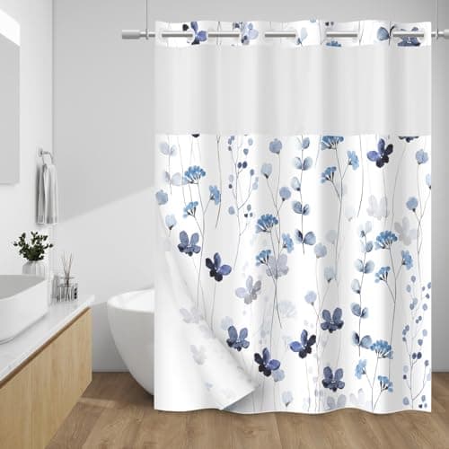 WITHLOC No Hook Shower Curtain with Snap in Liner - Watercolor Floral Shower Curtain - Fabric Waterproof Inner Liner, Plants Blue Flowers White Cloth Shower Curtains - Machine Washable, 71 x 74